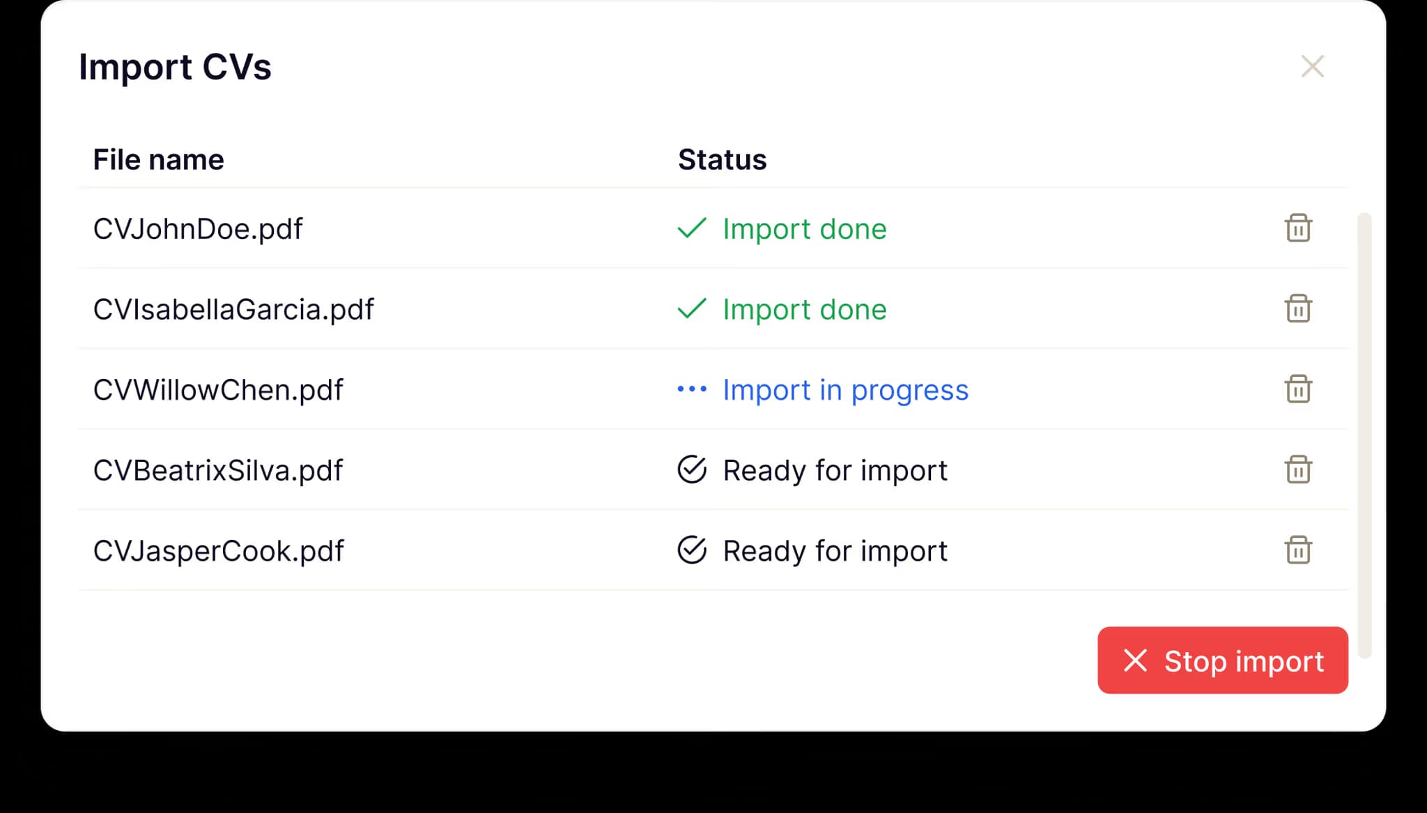 A screenshot of multiple CVs being uploaded in Adeptiq