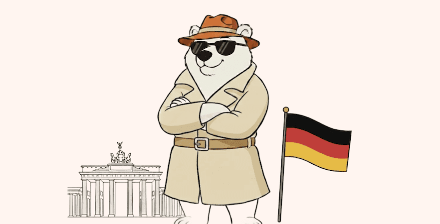 An illustration of a bear standing next to a German flag and the Brandenburger Tor
