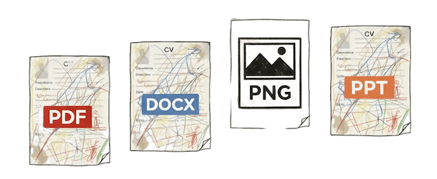 An illustration of 4 CV files, each in a different format. PDF, docx, PNG, PPT