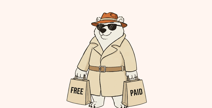 An illustration of a bear holding two shopping bags: "Free" and "Paid"
