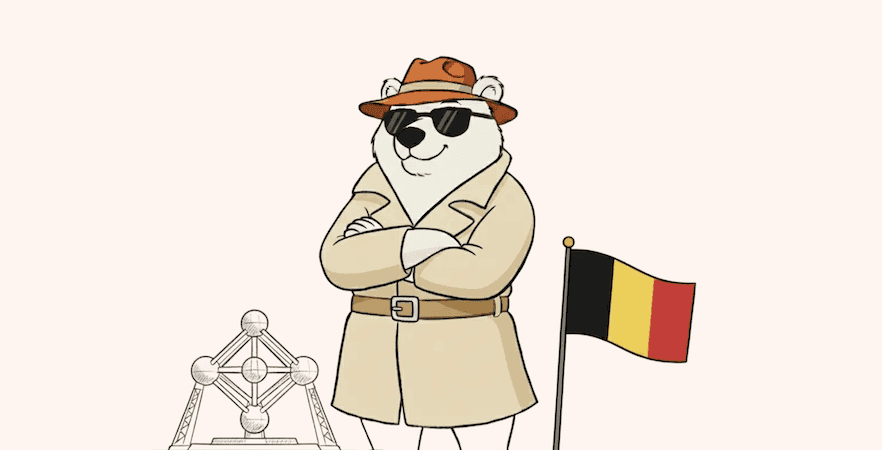 Illustration of a bear in front of a Belgian flag and the Atomium