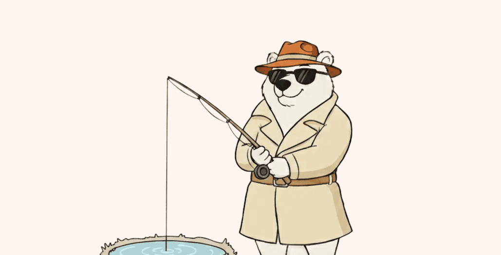 An illustration of a bear fishing in a pond.
