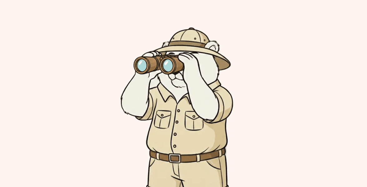 An illustration of a bear in a safari outfit looking through binoculars