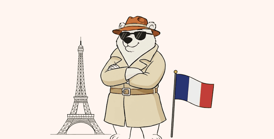 An illustration of a bear standing next to a French flag and the Eiffel Tower