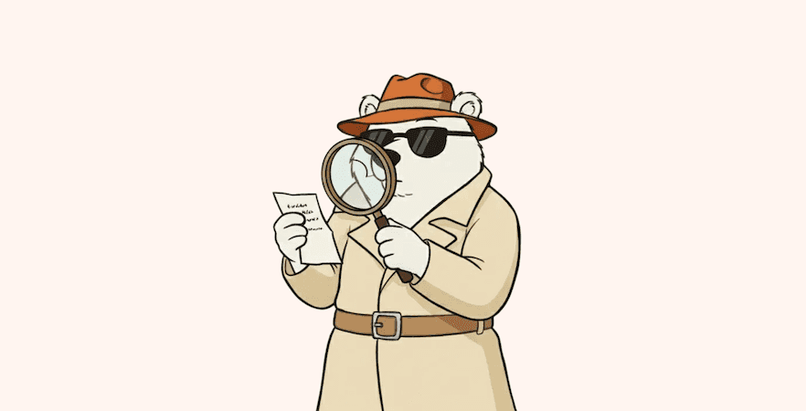 An illustration of a bear looking with a magnifying glass on a piece of paper