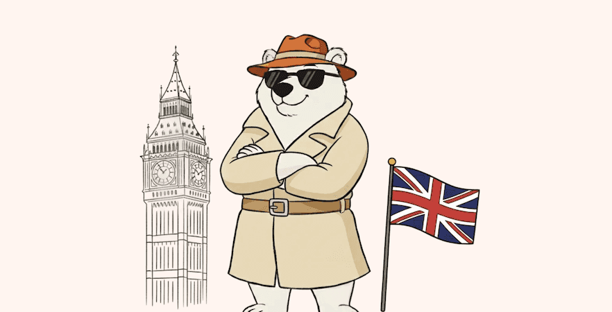 An illustration of a bear standing next to a British flag and the Big Ben.